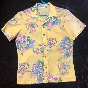 Aloha from the '70s Casual Shirt with Guitars, Drums and Flowers